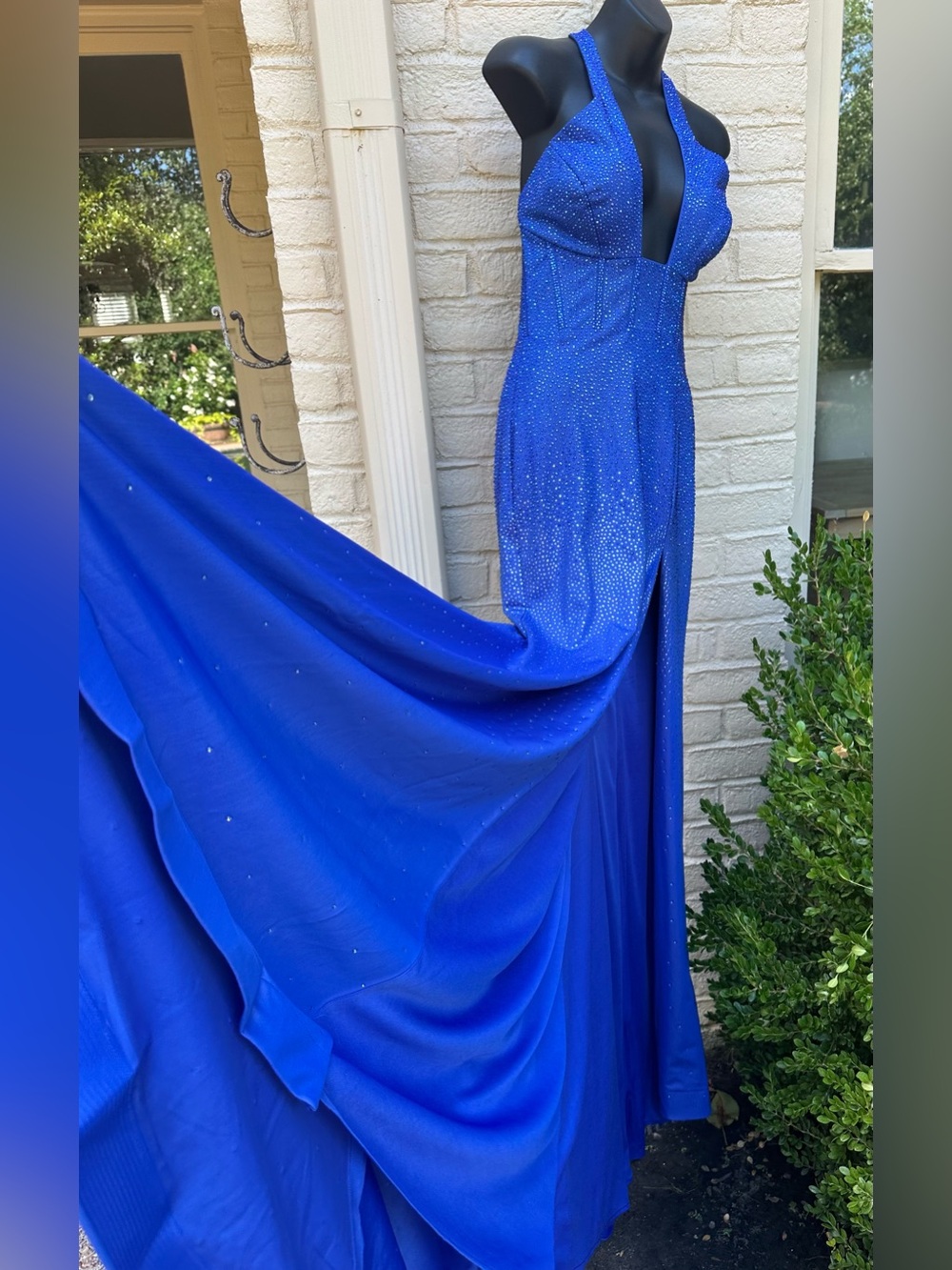 Jovani Cobalt Blue Halter Evening Gown with Sparkle Detail